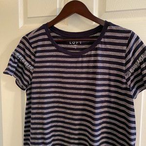 LOFT Ruffle Sleeve Navy  and White Tee